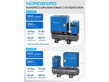 Компрессор винтовой, 15 кВт, 10 бар, 1910 л/мин, ресивер 350 л Nordberg NCC20RD